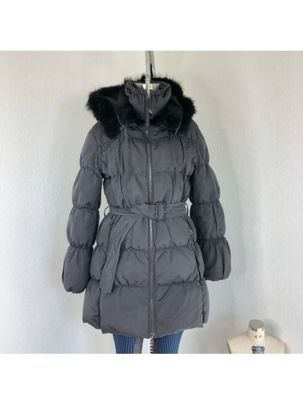PRADA Down Puffer Belted Coat Raccoon Fur Hood Jacket